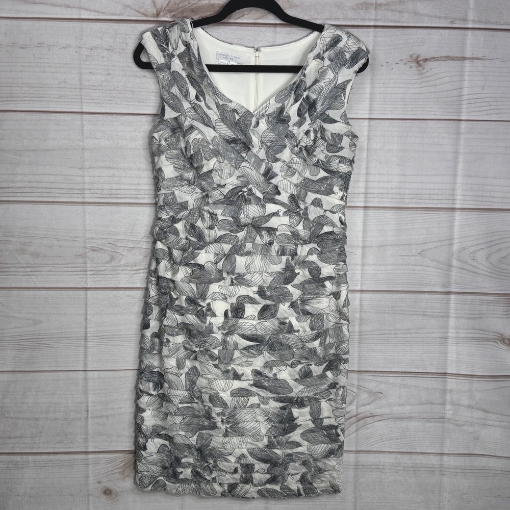 London Times Petites Black‎ White Leaf Print Tiered Ruffle Sheath Dress 8P